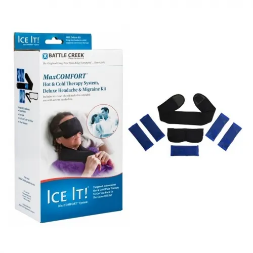 Battle Creek Equipment - Ice It! - 611 - Deluxe Headache & Migraine Kit. Includes: One insulated wrap; One microwaveable eye wrap; six gel packs.