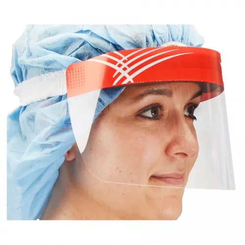 Cardinal - F1SHIELD50 - Health Med Secure Gard Anti Fog Facial Shield with Foam Headband, Full Length, Red. One piece full length face shield treated with anti fog coating on both sides. Optically clear. Single use.