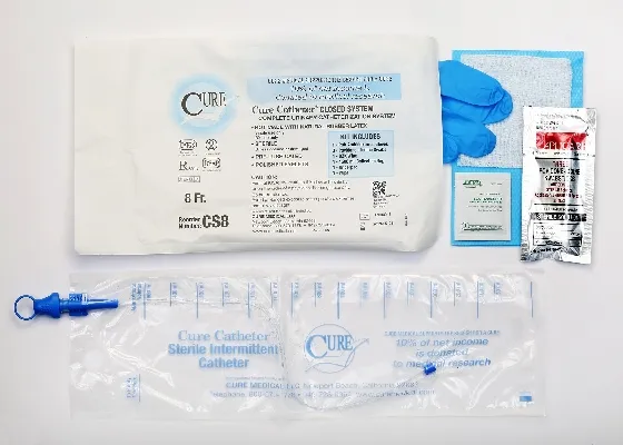 Convatec - Cure Catheter - CS8 - Cure Closed System Kit With Accessories Straight Tip Pre lubricated Catheter 8 Fr