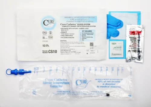 Convatec - From: CS10 To: CS8  Cure Catheter10 french closed catheter system kit. Includes: latexfree catheter, nonstaining BZK wipe, three Povidoneiodine swabsticks, one pair of gloves, sterile wipe, and an underpad.