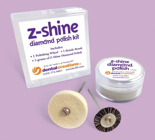 Dental Creations - 800 - Z-Shine Diamond Polish Kit - 5 grams of diamond polish, #11 Soft Brush Wheel Felt