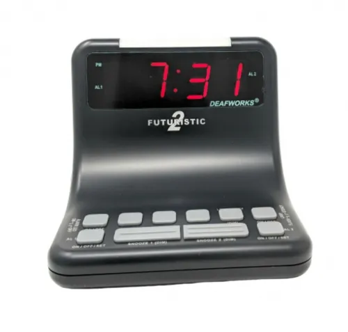 Harris Communication - DEAFWORKS - From: HC-ALM202B To: HC-ALM202W - Deafworks Futuristic Dual Alarm Clock