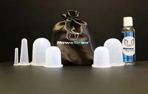 HawkGrips - HGCUPS - Set includes (2) Large cups, (2) Medium cups, (1) Small Cup, (1) X-Small Cup, (1) Bottle of HawkHydro Emollient (4oz). (Packaged with an instruction guide inside a travel-friendly HawkGrips satin carrying bag)