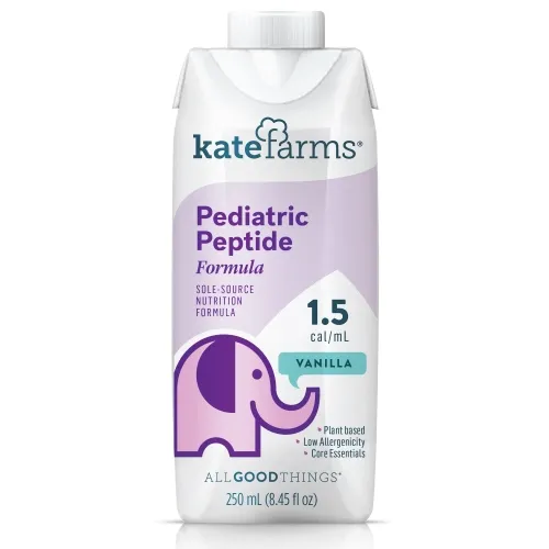 Kate Farms - From: 851823006997 To: BV-06PLTA-J01 - KATE FARMS Pediatric Peptide 1.5 Vanilla, 8.45 fl. oz. (250 mL). USDA Organic, Plant Based, NON GMO Project Verified, Gluten Free Certified, Vegan, and Kosher. 375 calories per 8.45 fl. oz. carton.