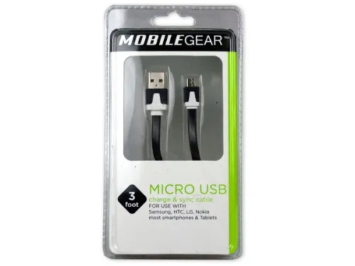 Kole Imports - EN148 - Mobile Gear 3 Flat Micro Usb Charge &amp; Sync Cable - Black