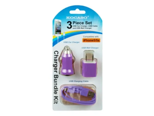 Kole Imports - EN290 - Purple 3 Piece Iphone Charging Set With Wall And Car Charger