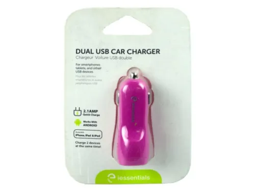 Kole Imports - EN338 - Iessentials 2.1 Amp Dual Usb Car Charger In Pink