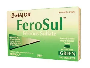 Major Pharmaceuticals - 370605 - Ferrous Sulfate, 140 mg, 60 ct, Red Tablets, Sugar Free, Alcohol Free, 24/cs, NDC# 10006-0730-14