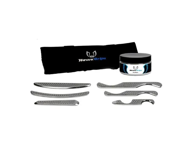 HawkGrips - HGS - Silver Set.  Includes all six of the small HawkGrips instruments (HG4-HG9), a roll-up carrying case, one jar of regular emolllient, and a User Manual