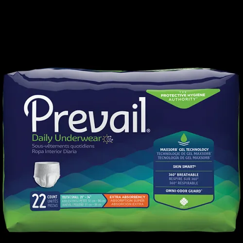 First Quality - PV-511 - Prevail Daily UnderwearUnisex Youth Absorbent Underwear Prevail Daily Underwear Pull On with Tear Away Seams Small Disposable Moderate Absorbency