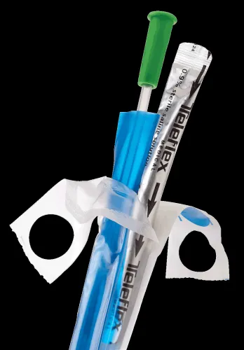 Teleflex - From: 220600100 To: 220600180 - FloCath Quick hydrophilic coude catheter, 10 Fr 16" with 0.9% saline pouch and protective catheter sleeve.