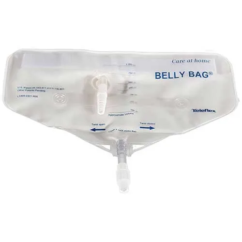 Teleflex - B1000CT - Belly bag urinary drainage collection bag with 24" coiled drain tube, 1000 mL. Latex free. Sterile. Worn around the waist with a woven belt with quick release buckle.