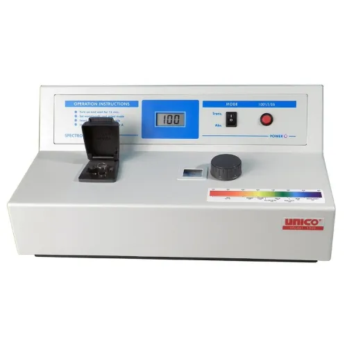 Unico - From: S-1000E To: S-2150UVE  Spectrophotometer, 20 nm Bandpass, Wavelength Range 4001000 nm, Voltage Preset at 220V, European Plug,10 mm Test Tube Cuvettes (Box of 12), 10 mm Square Cuvette Adapter, USB Port, Dust Cover, User Manual (DROP SHI
